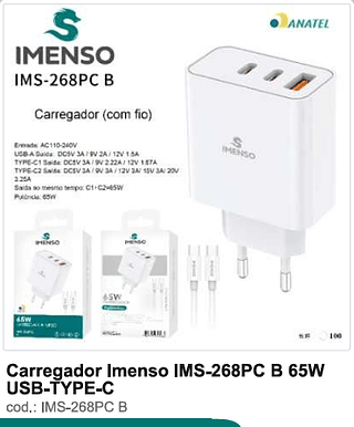 Carregador Imenso 65W USB-TYPE-C 100PC/CX R$37,8