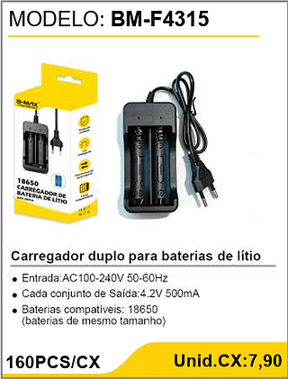 Carregador duplo para baterias de lítio 160PCS/CX Unid.CX:7,90