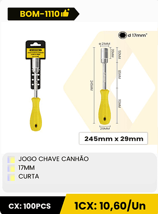JOGO CHAVE CANHÃO 17MM CURTA CX: 100PCS 1CX: 10,60/Un