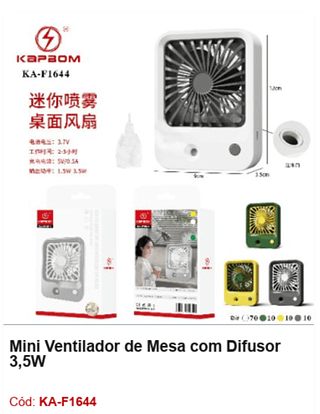Mini Ventilador de Mesa com Difusor 3,5W R$ 18 PCS/CX: 100