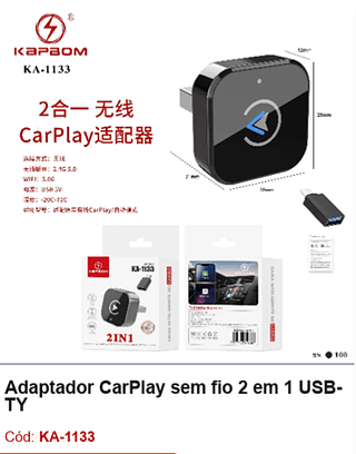 Adaptador CarPlay sem fio 2 em 1 USBTY R$ 49,5 PCS/Cx:100