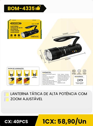 LANTERNA TATICA DE ALTA POTÊNCIA COM ZOOM AJUSTAVEL CX: 40PCS 1CX: 58,90/Un