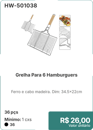 Grelha Para 6 Hamburguers 36 pçs R$ 26,00