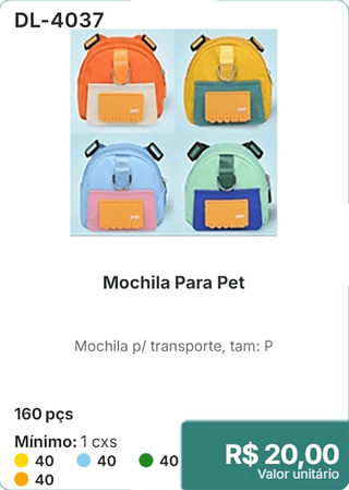 Mochila Para Pet 160 pçs R$ 20.00