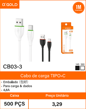 Cabo de carga TIPO-C - Caixa 500 PCS Preco Unitario 3,29