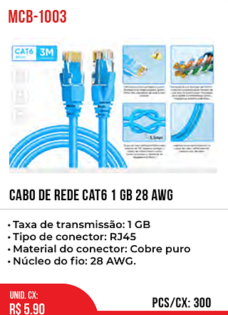 CABO DE REDE CAT6 1 GB 28 AWG 300pç=5,9$