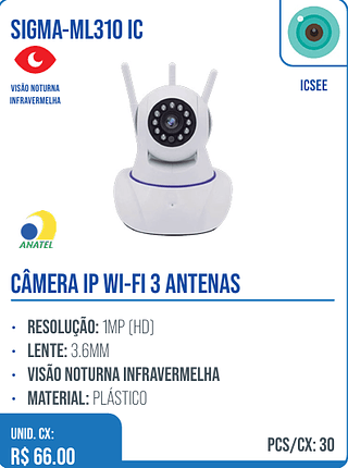 CÂMERA IP WI-FI 3 ANTENAS UNID. CX: R$ 66.00 PCS/CX: 30
