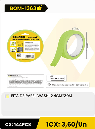 FITA DE PAPEL WASHI 2.4CM*30M CX: 144PCS 1CX: 3,60/Un