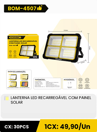 LANTERNA LED RECARREGÁVEL COM PAINEL SOLAR CX: 30PCS 1CX: 49,90/Un
