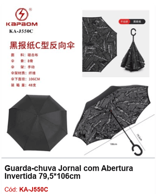 Guarda-chuva Jornal com Abertura Invertida 79,5*106cm R$ 18,9 PCS/cx: 48