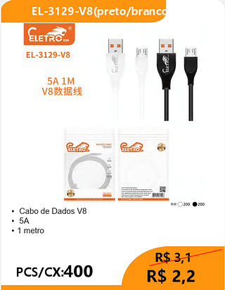 CABO V8 PCS/CX:400 R$2,2