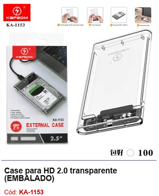 Case para HD 2.0 transparente R$ 12,6 PCS/CX: 100