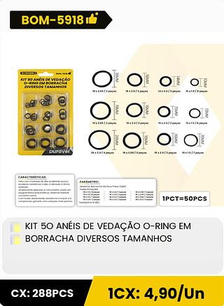 KIT 50 ANÉIS DE VEDAÇÃO O-RING EM BORRACHA DIVERSOS TAMANHOS CX: 288PCS ICX: 4,90/Un