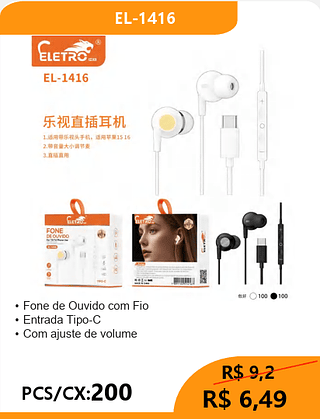 FONE DE OUVIDO TIPO-C PCS/CX:200 R$6,49