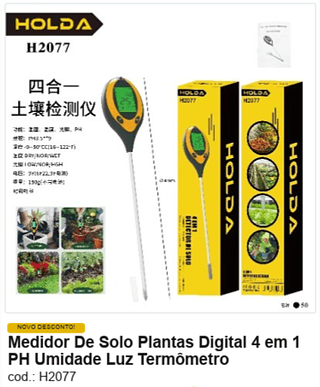 Medidor De Solo Plantas Digital 4 em 1 PH Umidade Luz Termômetro R$ 23,85 PC/CX:50