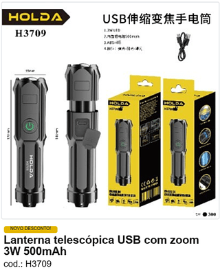 Lanterna telescópica USB com zoom 3W 500mAh R$ 5,4 PC/CX:300