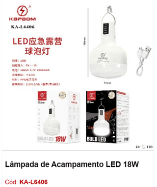 Lâmpada de Acampamento LED 18W R$ 18,9 PCS/CX:120