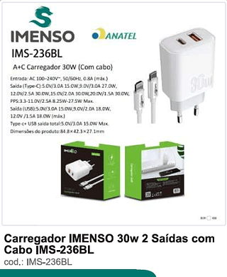 Carregador IMENSO 30w 2 Saídas com Cabo 100PC/CX R$19,8