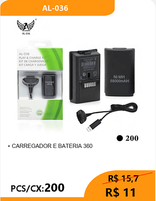 CARREGADOR E BATERIA 360 PCS/CX:200 R$ 11