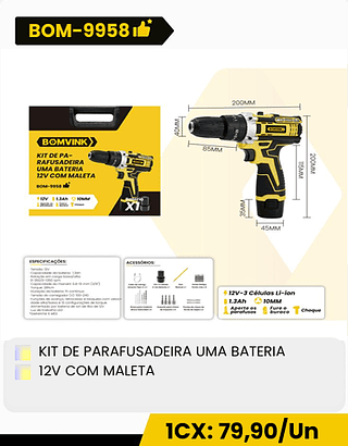 KIT DE PARAFUSADEIRA UMA BATERIA 12V COM MALETA CX: 10PCS 1CX: 79,90/Un