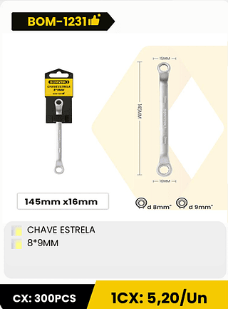 CHAVE ESTRELA 8*9MM CX: 300PCS 1CX: 5,20/Un