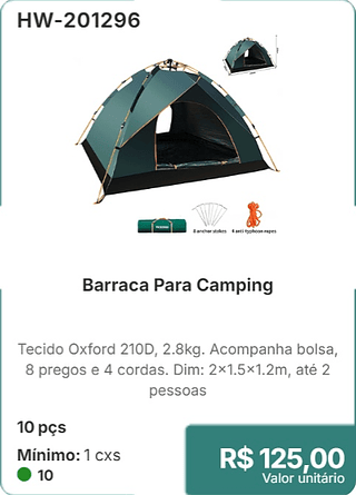 Barraca Para Camping 10 pçs R$ 125,00