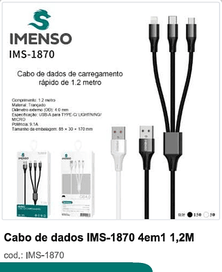 Cabo de dados 4em1 1,2M 200PC/CX R$9,9