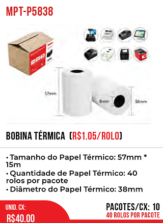 BOBINA TÉRMICA (R$1.05/ROLO) 10pct=40$