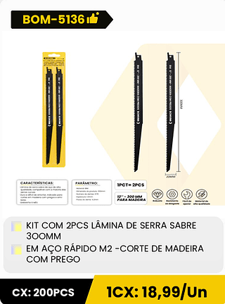 KIT COM 2PCS LÂMINA DE SERRA SABRE 30OMM EM AÇO RAPIDO M2 -CORTE DE MADEIRA COM PREGO CX: 200PCS 1CX: 18,99/Un
