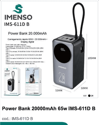 Power Bank 20000mAh 65w R$94,5 PC/CX 20
