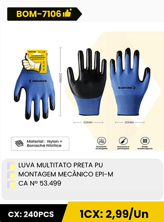 LUVA MULTITATO PRETA PU MONTAGEM MECANICO EPI-M CA N° 53.499 CX: 240PCS 1CX: 2,99/Un
