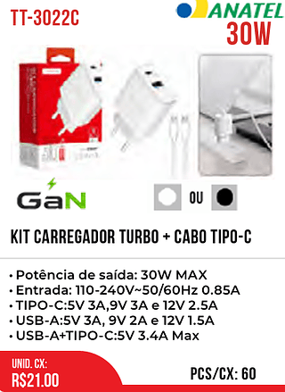 KIT CARREGADOR TURBO + CABO TIPO-C 60pç=21$