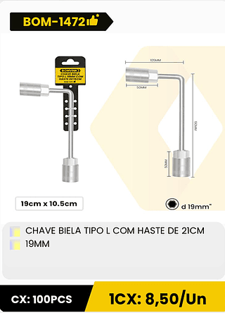 CHAVE BIELA TIPO L COM HASTE DE 21CM 19MM CX: 100PCS ICX: 8,50/Un