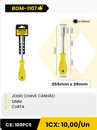 JOGO CHAVE CANHÃO 12MM CURTA CX: 100PCS 1CX: 10,00/Un