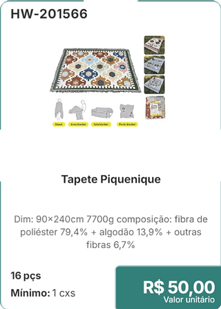 Tapete Piquenique 16 pçs R$ 50.00