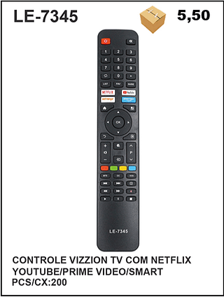 CONTROLE VIZZION TV COM NETFLIX YOUTUBE/PRIME VIDEO/SMART 200pç=5,5$