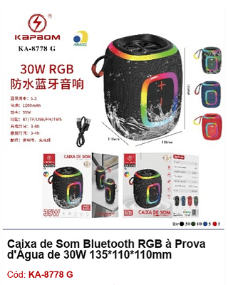 Caixa de Som Bluetooth RGB à Prova d'Água de 30W R$40,5 PCS/CX:50