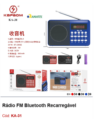 Rádio FM Bluetooth Recarregável R$17,1 PCS/CX:100