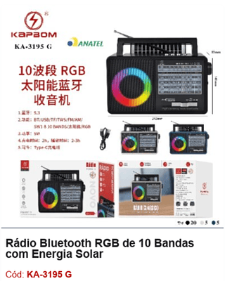 Rádio Bluetooth RGB de 10 Bandas com Energia Solar R$72 PCS/Cx:30
