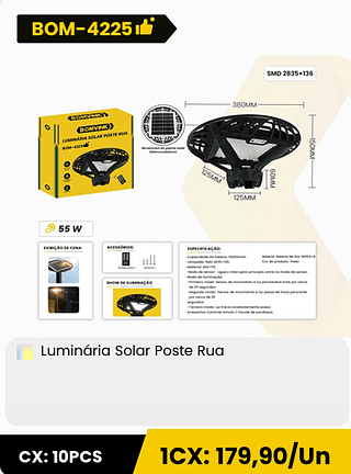 Luminaria Solar Poste Rua CX: 10PCS 1CX: 179,90/Un