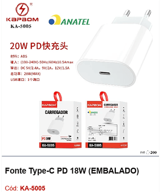 Fonte Type-C PD 18W R$ 7,65 PCS/CX:200