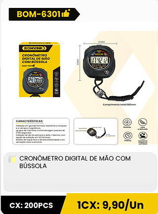 CRONÔMETRO DIGITAL DE MÃO COM BÚSSOLA CX: 200PCS 1CX: 9,90/Un