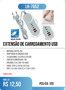 Extensão de carregamento usb PCS/CX: 120 UNID. CX: r$ 12,50