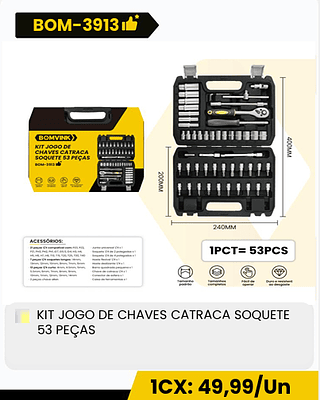 KIT JOGO DE CHAVES CATRACA SOQUETE 53 PEÇAS CX: 18PCS 1CX: 49,99/Un