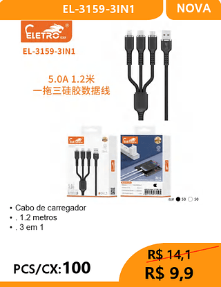 Cabo De Carregado 3 EM 1 PCS/CX:100 R$ 9,9