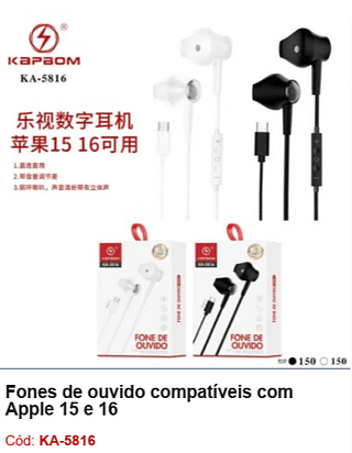 Fones de ouvido compatíveis com Apple 15 e 16 R$7,2 PCS/CX:300