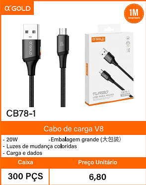 Cabo de carga V8 - Caixa 300 PCS Preco Unitario 6,80