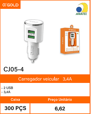 Carregador veicular3.4A - Caixa 300 PCS Preco Unitario 6,62