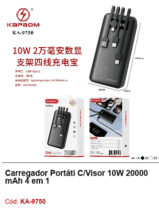 Carregador Portáti C/Visor 10W 20000 mAh 4 em 1 50PÇS R$45