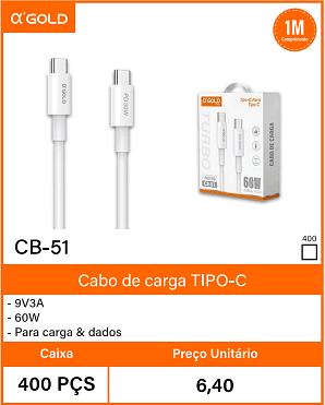 Cabo de cargaTIPO-C Caixa 400 PCS Preco Unitario 6,40